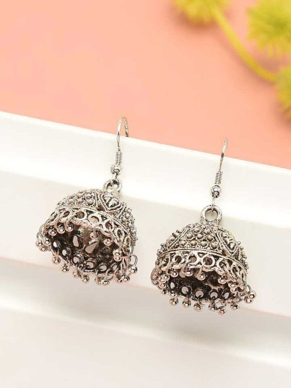 Dome Shape Jhumki with Silver Bead Drops Metal Jhumki Earring
