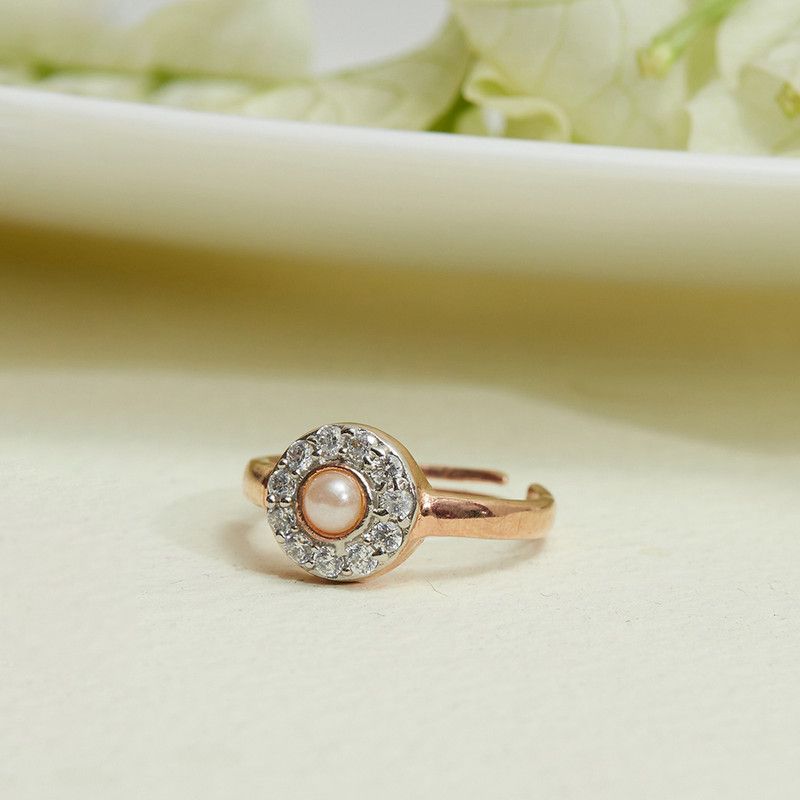 Gold Plated Zircons and Faux Pearl Adorned Brass Adjustable Ring Brass Gold Plated Ring