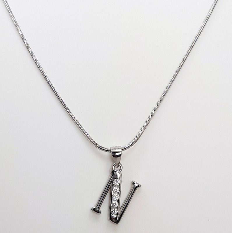 925 STERLING SILVER CHAIN WITH "N" ALPHABET PENDANT Zircon Rhodium Plated Sterling Silver Chain