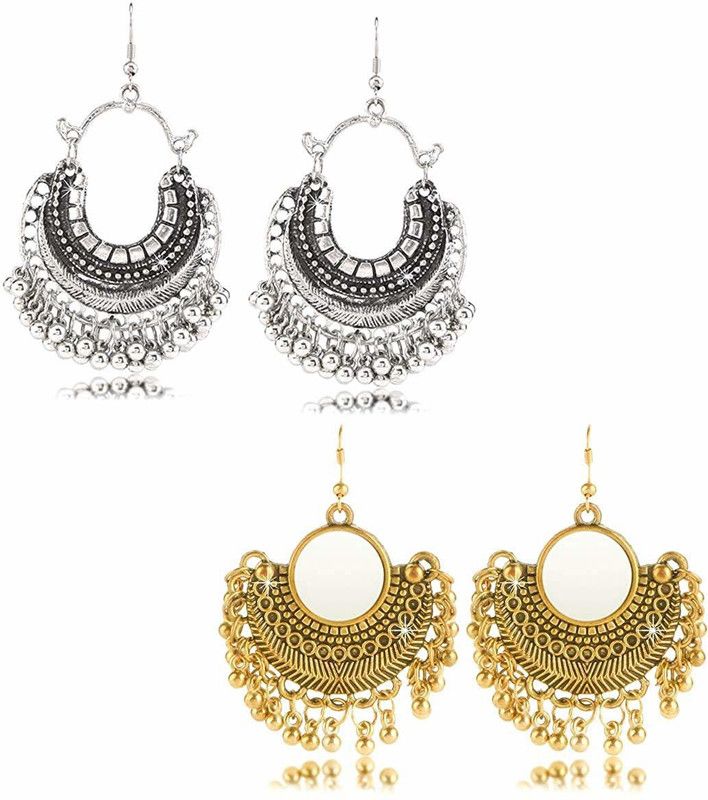 Stylish COMBO 2 Pairs Golden Silver Oxidized Traditional Chandbali Earrings Brass Chandbali Earring