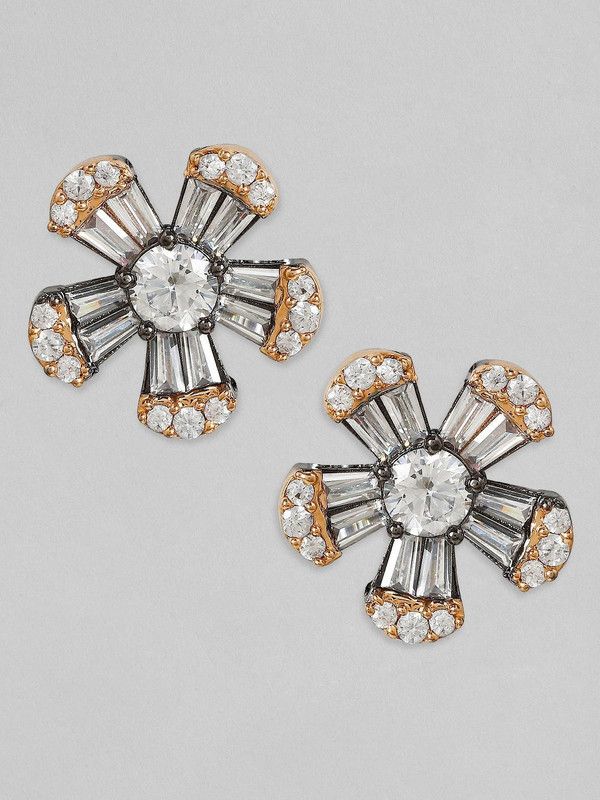 Rubans Zircon Studded Handcrafted Black Rhodium Floral Stud Earrings Alloy Stud Earring