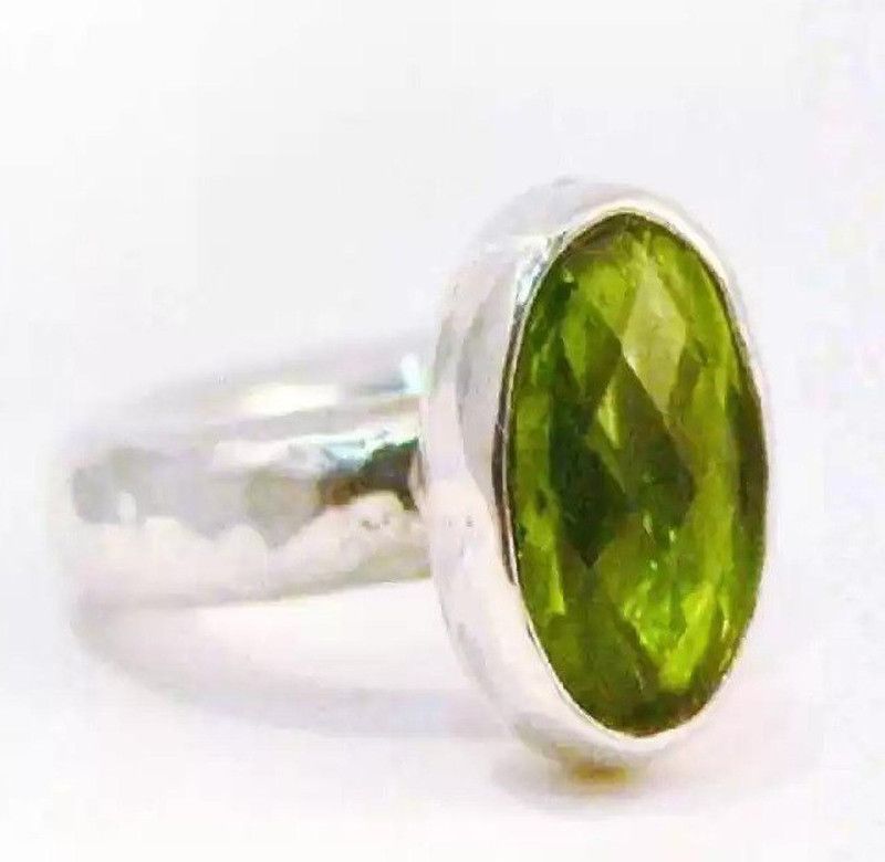 Natural Green Peridot Gemstone Ring/Anguthi for Men and Women Brass Peridot Silver Plated Ring