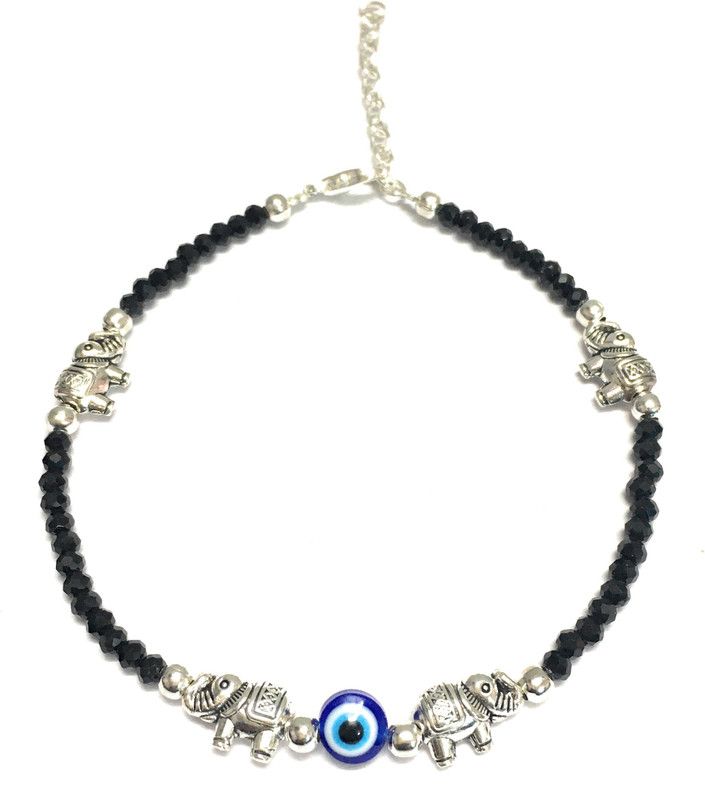 HARSHROJ Harshroj Black Anklet With 4 Elephant Artificial Silver Beads For Girls | Women Glass Anklet