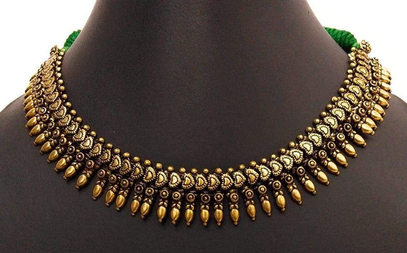 Oxidised Gold Necklaces Antique Gold Finish Green Thread Choker Golden Plated Ethnic Collar Festival Temple Necklaces Premium Ethnic Brass Garba Navratri Brass Necklace