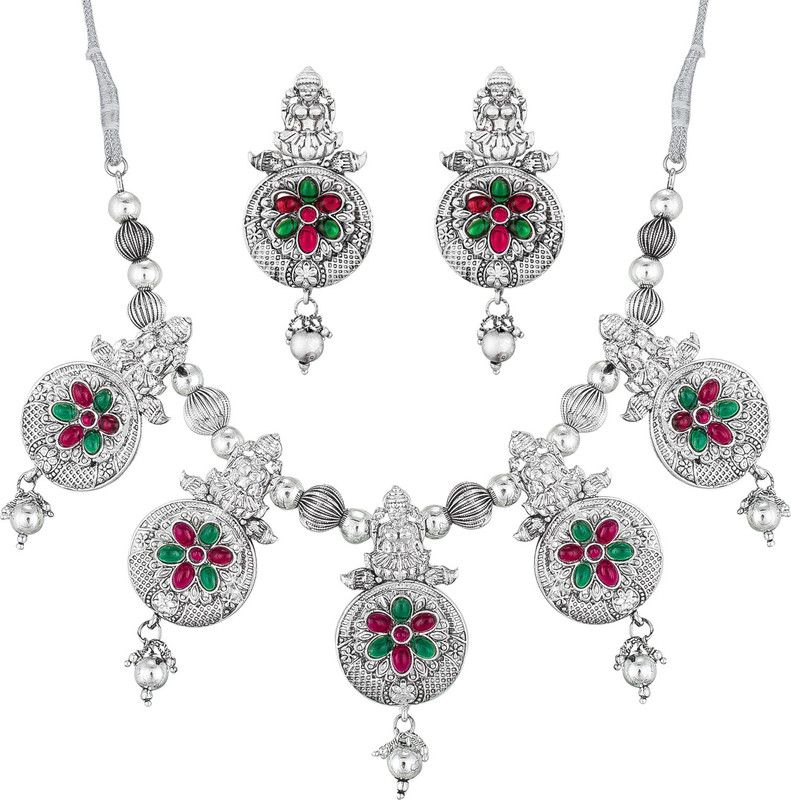 Alloy Silver Green, Red Jewel Set  (Pack of 1)