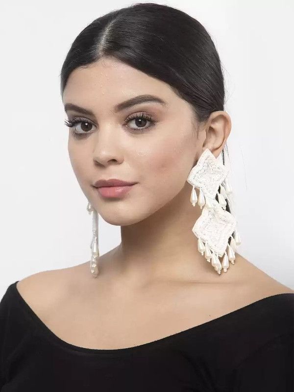HANDCRAFTED OFF WHITE EARRING (MADE OF BEADS AND PEARL) Glass, Plastic, Fabric Drops & Danglers