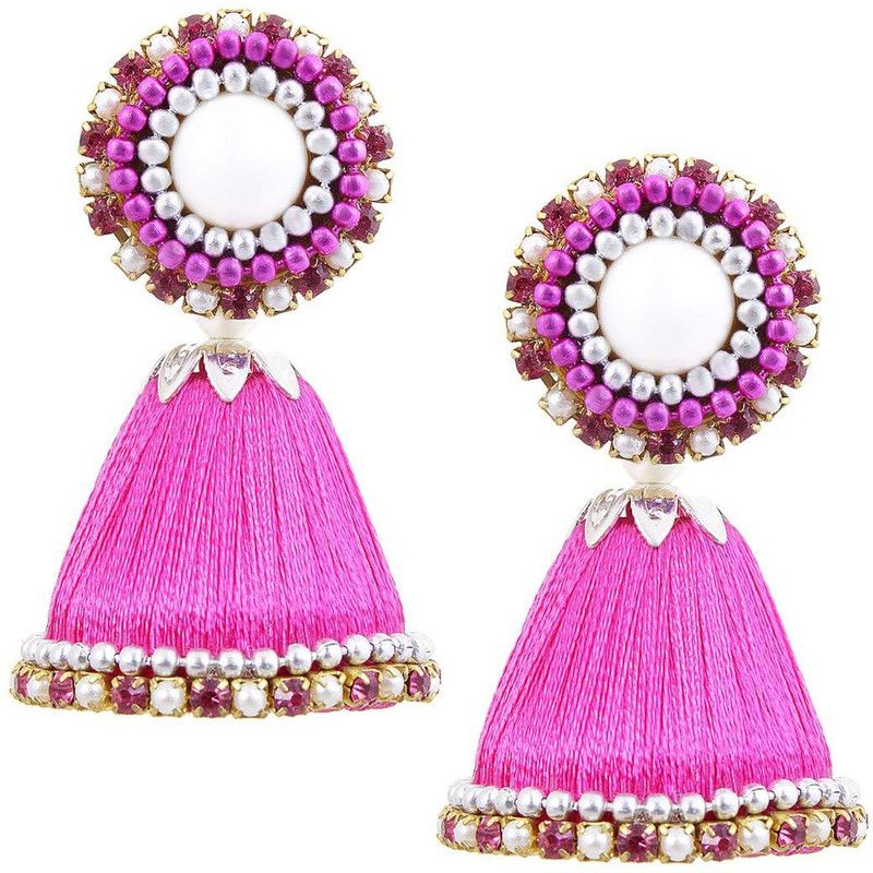 Silk Thread Work Light Pink Fabric Jhumki Earring