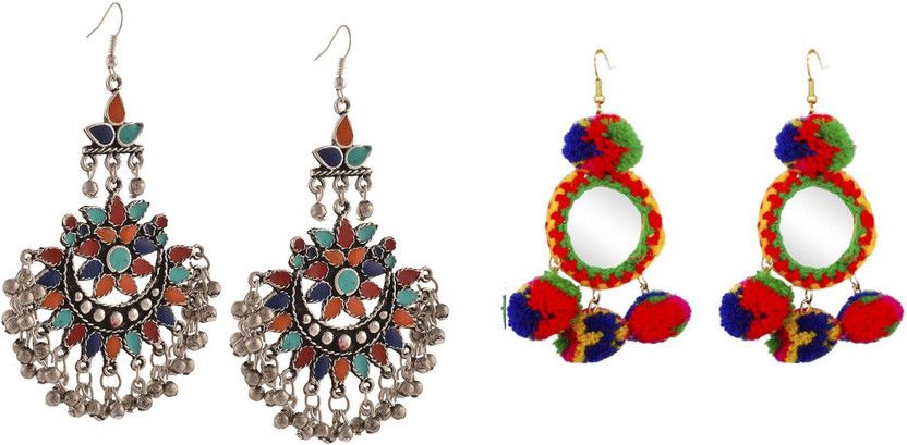 Afghani & Mirror Pompom German Silver, Fabric Drops & Danglers