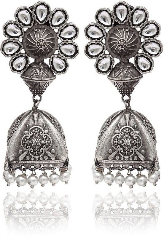 Ethnic Jhumka Earrings Silver Oxidized Boho Wedding Party Jewellery (White) Silver Jhumki Earring