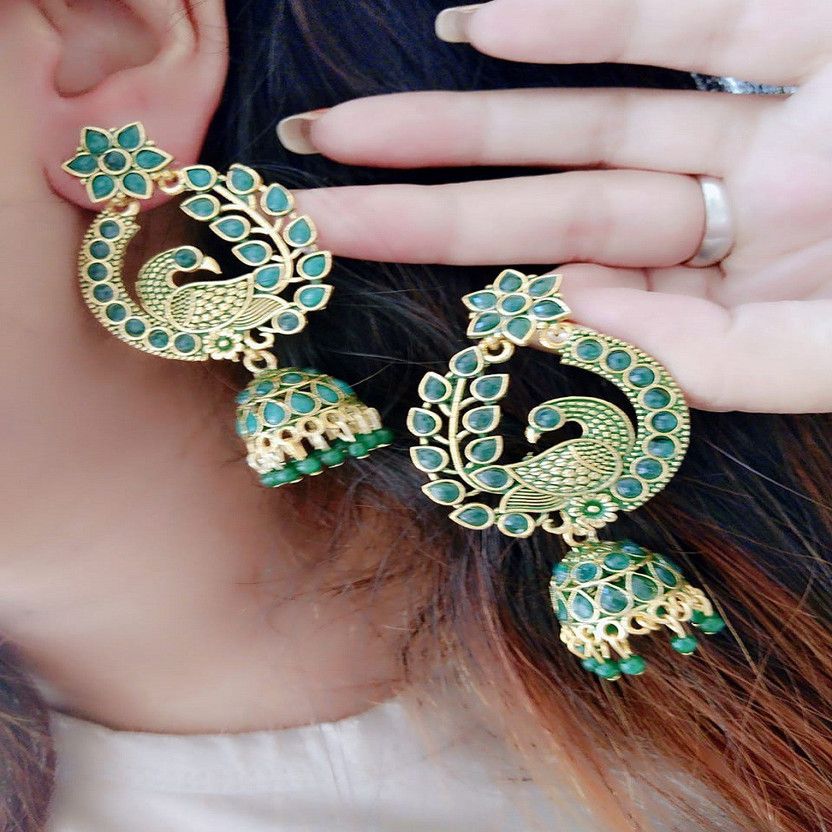 Peacock Style Fancy Party Wear & Casual Jhumki Earring Green Color Earring For Girl's/Women Brass Jhumki Earring