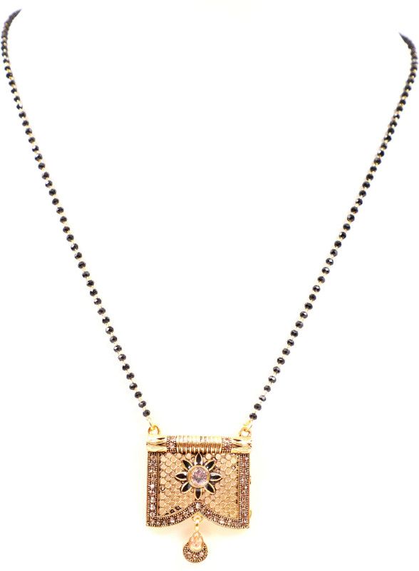 VSASA’s stylish DESIGNER ANTIQUE OXIDISED LIGHT ELEGANT EXCLUSIVE GOLD PLATED CARVED MANGAL SUTRA WITH STONES EMBEDDED WITH BLACK CRYSTAL BEADS MALA for young Ladies/WOMEN Metal, Crystal Mangalsutra