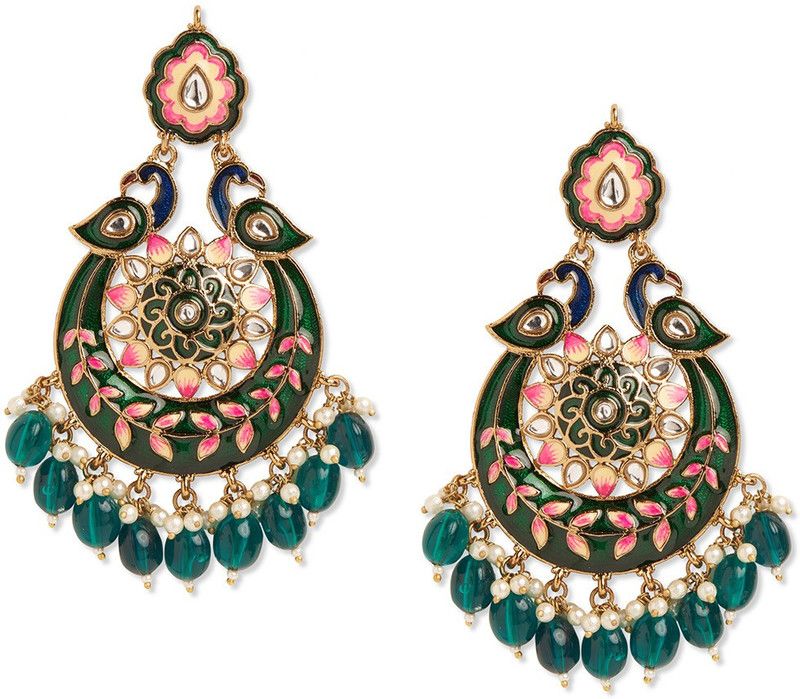 Peacock Green Meena Kundan Stylish Earrings Cubic Zirconia Alloy Chandbali Earring
