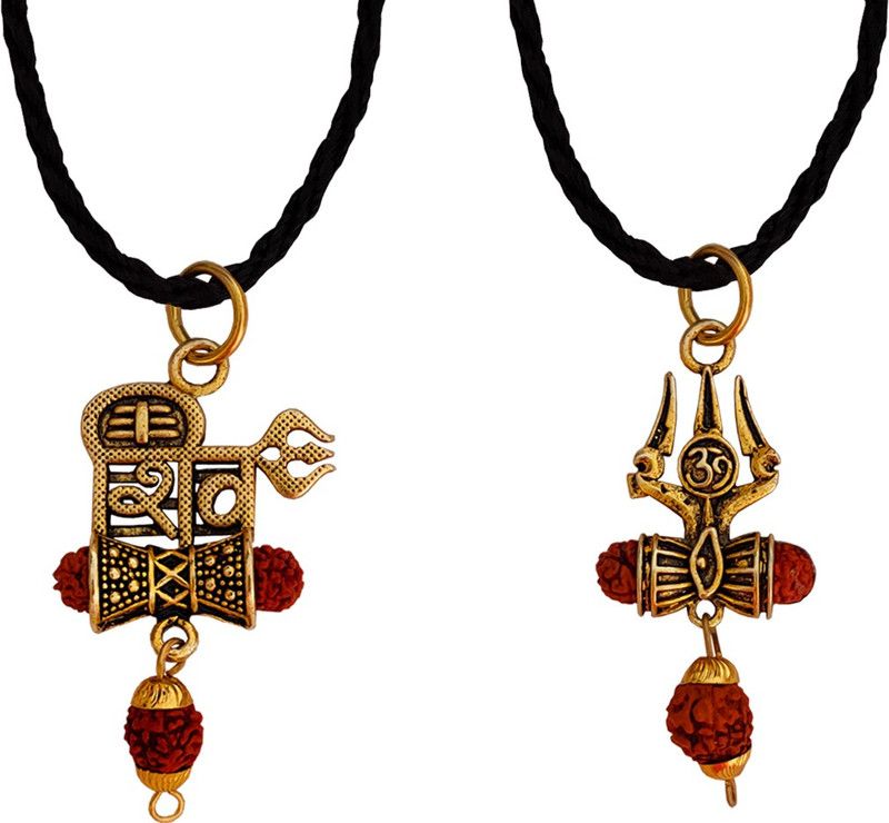 Lord Shiv Mahadev Trishul Damaru Word With Panchmukhi Rudhrasha Bead Locket With Cotton Dori Chain Gold-plated Brass, Cotton Dori Pendant Set Gold-plated Beads Brass, Cotton Dori Pendant Set
