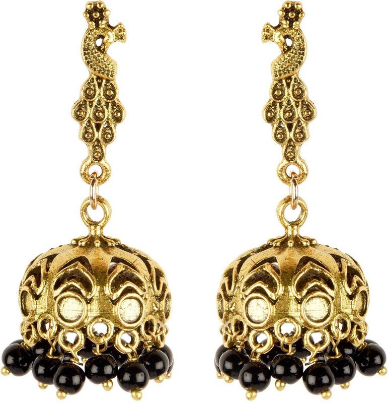 Fine peacock Gold Design traditional wear Black Pearl Stone, Sterling Silver Jhumki Earring