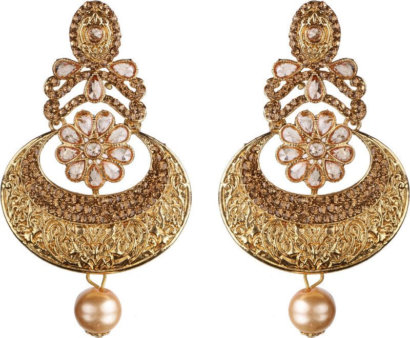 Contemporary Flower Shape White Stone Chand Bali Earring For Women Beads, Pearl Alloy Drops & Danglers