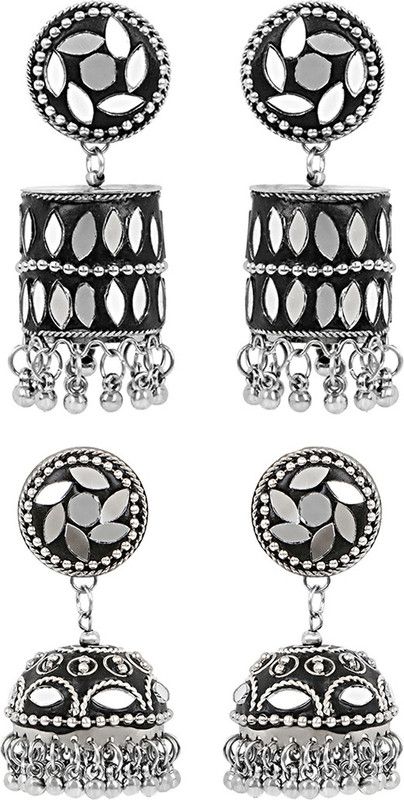 Combo of 2 Pairs Traditional Silver Oxidised Mirror Worked Jhumka Jhumki Earrings for Women and Girls Brass Jhumki Earring