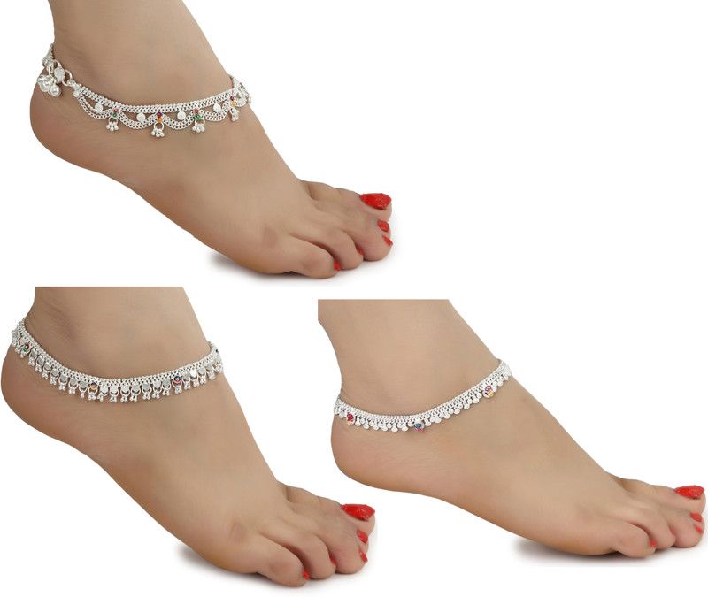 AanyaCentric Girl and Woman Silver Plating White Metal Payal Combo Indian Traditional Ethnic Fashion Imitation Jewellery Foot Chain Alloy Anklet  (Pack of 3)