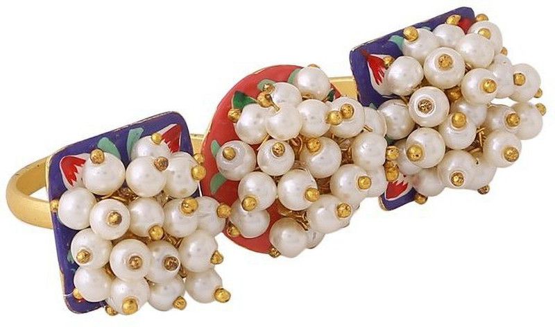 Gold-Plated Pearl Studded Adjustable Two Finger Ring for Girls and Women Brass Ring