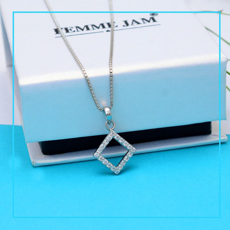 Sterling Silver Zircon Square Necklace with Box Chain for women & girls Rhodium Swarovski Zirconia Sterling Silver Pendant