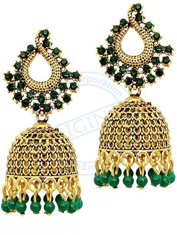 Traditional Golden Earrings for Women/Girls Golden Jhumka/Jhumki Green Jhumki Metal Jhumki Earring