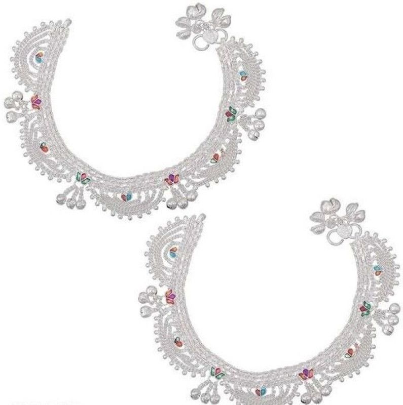NAKMAN JEWELLERY TRADITIONAL FANCY WHITE ALLOY STUUNING DESIGN PAYAL (10 INCH) Alloy Anklet  (Pack of 2)