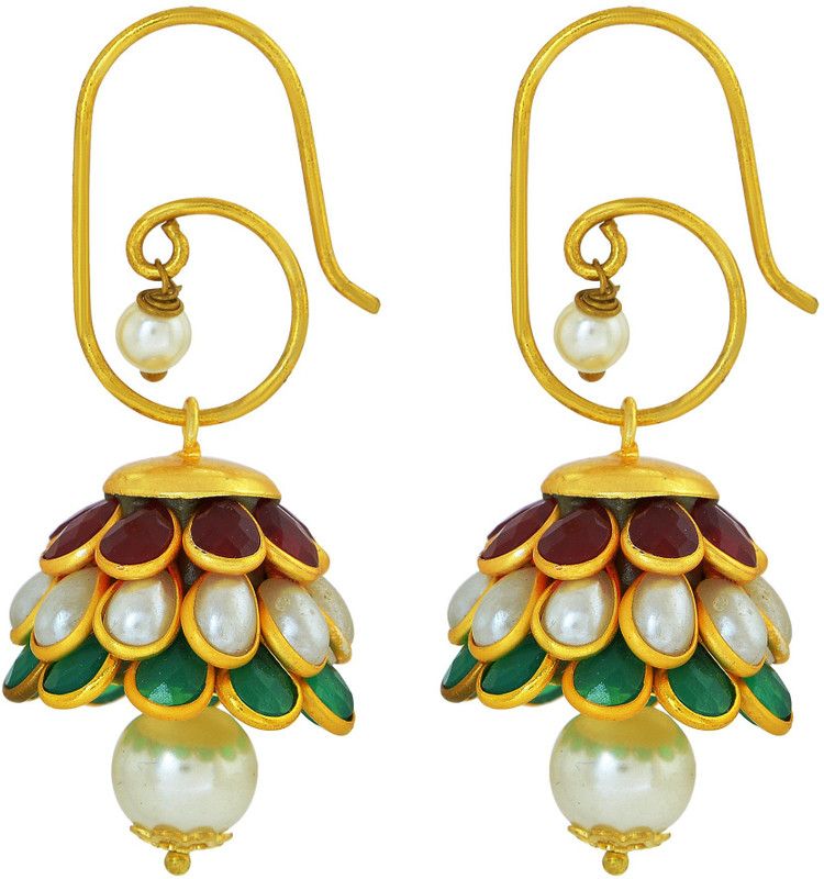 Gold Plated Kundan Multi-Colour Pearl Antique Finish Indian Traditional Fancy Drop Dangle Jewelry Jhumka/Jhumki Earrings for Women & Girls Onyx Brass Jhumki Earring