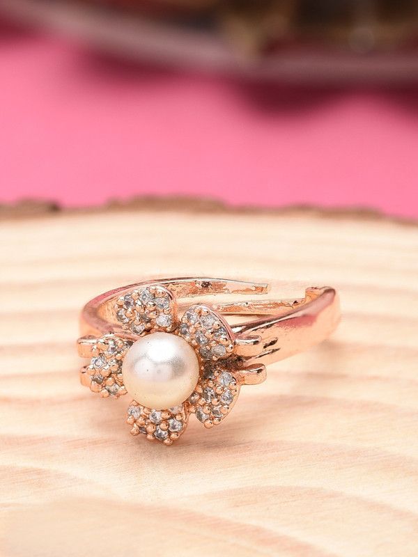 Rose Gold Cubic Zirconia & Pearl Brass Gold Plated Ring