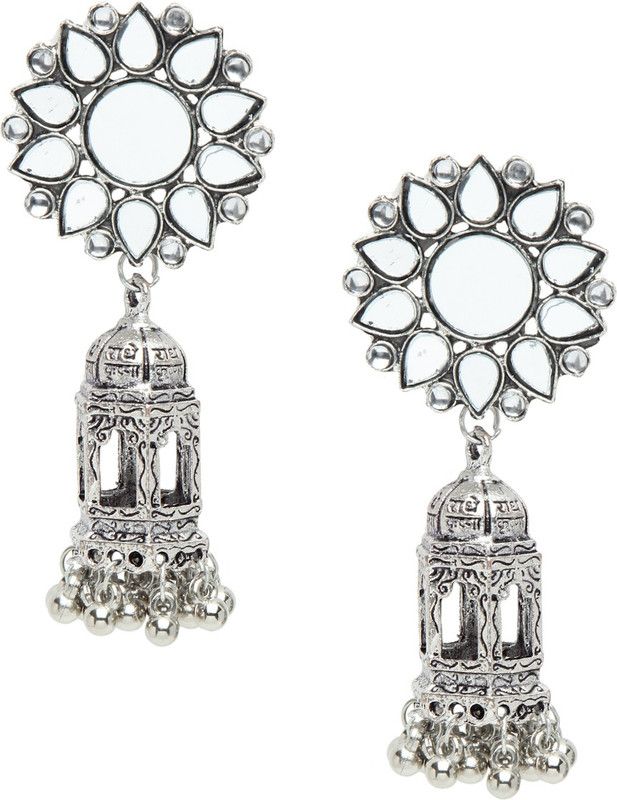 Oxidised Ethnic Antique Silver Toned Mirror Work Jhumka Earrings For Women & Girls Alloy Jhumki Earring