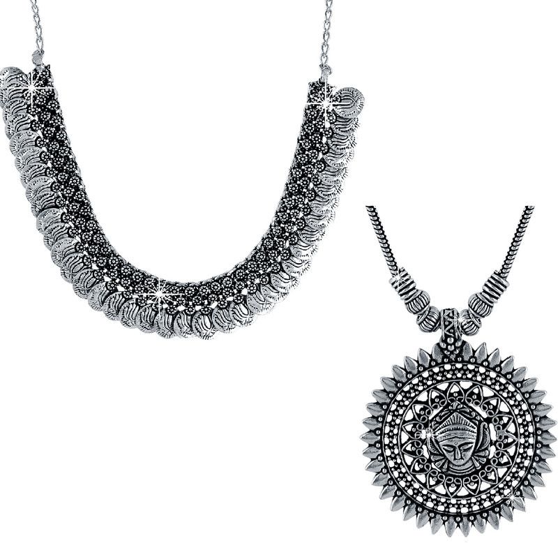 Jewellery Set for Women and Girls Traditional Silver Oxidised Jewellery Set Silver Plated Brass Necklace Set