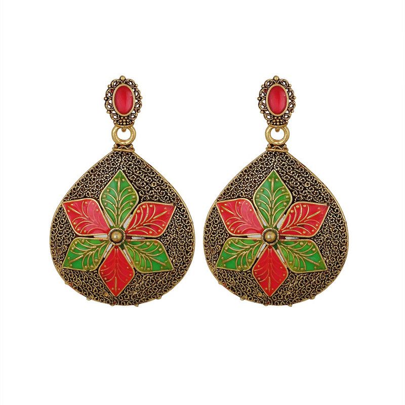 "Piah Fashion Leaf Shape Stunning Enamel Work Earrings for Women" Crystal Brass Stud Earring