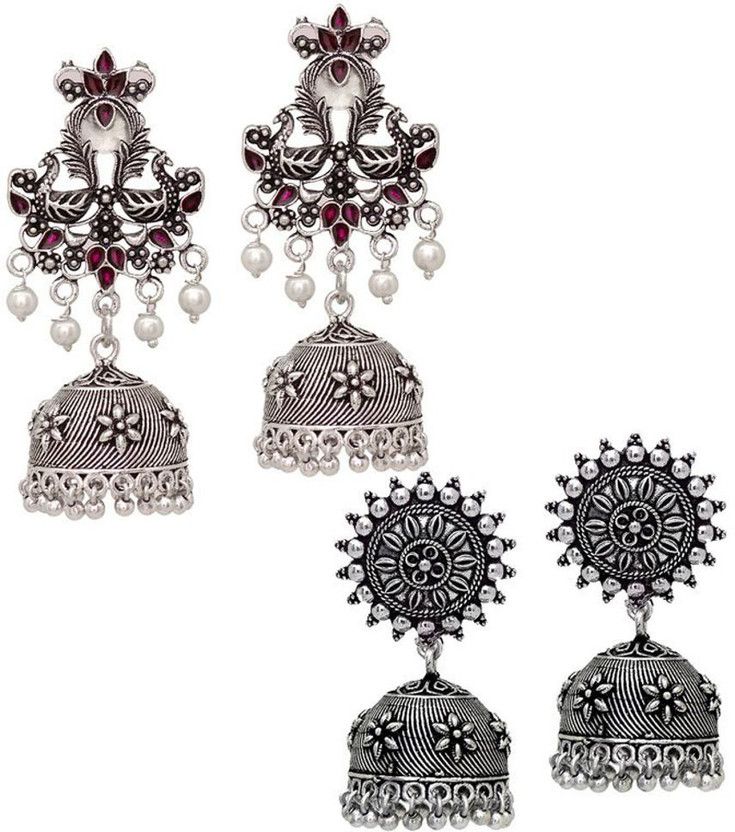 Love Peacock Flower Print Oxidized Silver With Meena Work Combo Earring For Women (VLCB27RNI) Brass Jhumki Earring