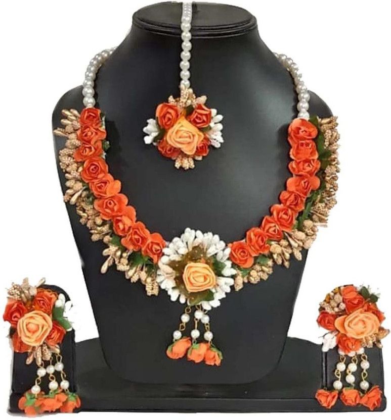 Fabric, Paper Orange, White, Gold Jewel Set  (Pack of 1)