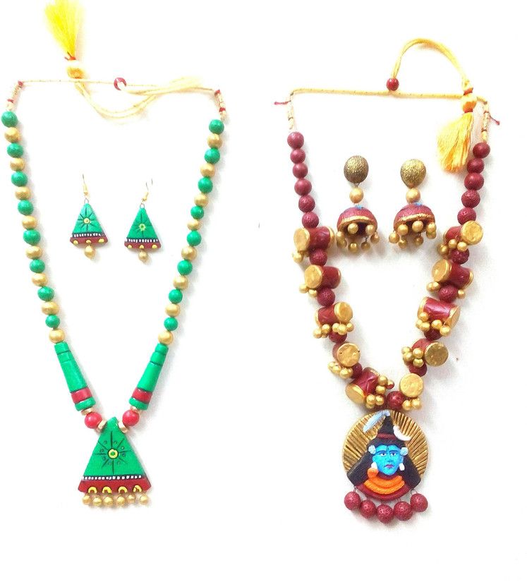 Terracotta Maroon, Green, Gold Jewel Set  (Pack of 1)