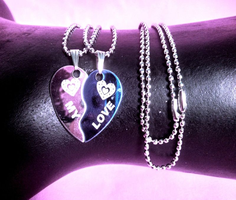 Valentine Gift Best Friend I Love You Lock Aand Key Broken Heart Couple Locket With 2 Chain His Her Necklace Chain For Men Women Rhodium Stainless Steel Pendant Set for couple Silver Steel Pendant couple Silver Steel Pendant