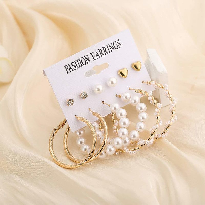Combo of 6 Pair Gold Plated Heart Stone Stud And Pearl Hoop Earrings Alloy Earring Set