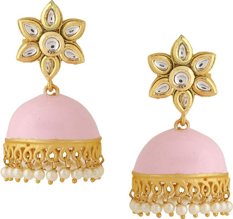 Gold Plated Traditional Yellow Meenakari Kundan & Pearls Jhumka Earrings Pearl Brass Jhumki Earring