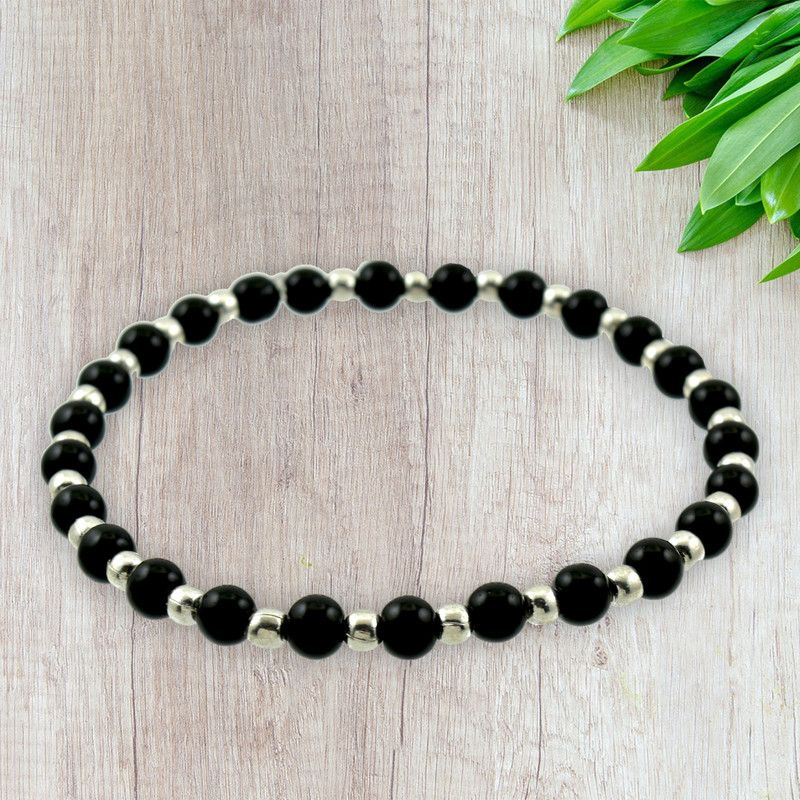 HIGH TRENDZ Designer Silver And Black Beads Strechable Anklet Fabric, Glass, Copper Anklet
