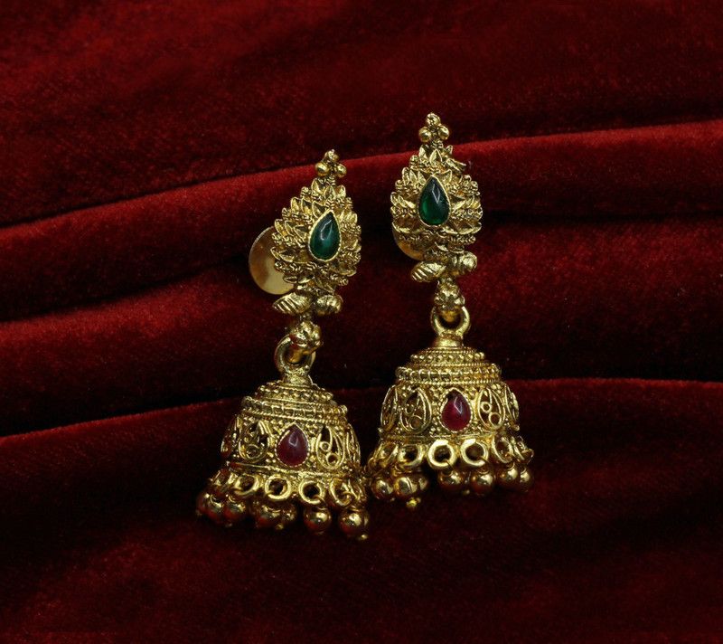 Simple & Elegant Design Traditional Antique Gold Plated Artificial Stone Work Brass Jhumki Earring