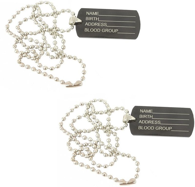(Set Of 2 Pcs) Unisex Metal Stylish & Fancy Solid Army Military Theme Dog Tag Name Blood Group Address Birth Laser Engraved Sterling Blade Pendant Locket Necklace With Ball Chain Jewellery Set Silver Metal