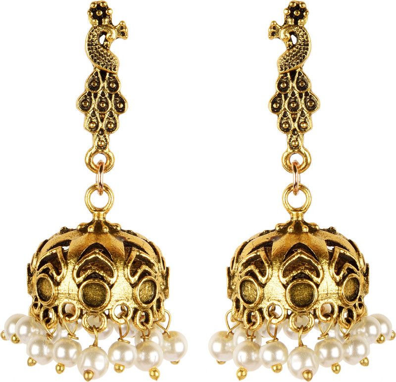Fine peacock Gold Design Traditional Wear White Pearl Stone, Sterling Silver Jhumki Earring
