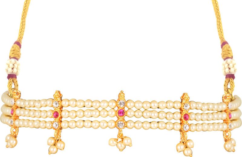 Moti Pearl Design Maharashtrian Traditional Thushi Necklace for Women and Girls Cubic Zirconia Gold-plated Plated Brass Choker