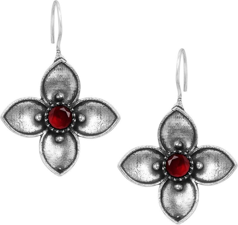 Rubans Black Metal Flower Earrings With Ruby Stone Alloy Drops & Danglers