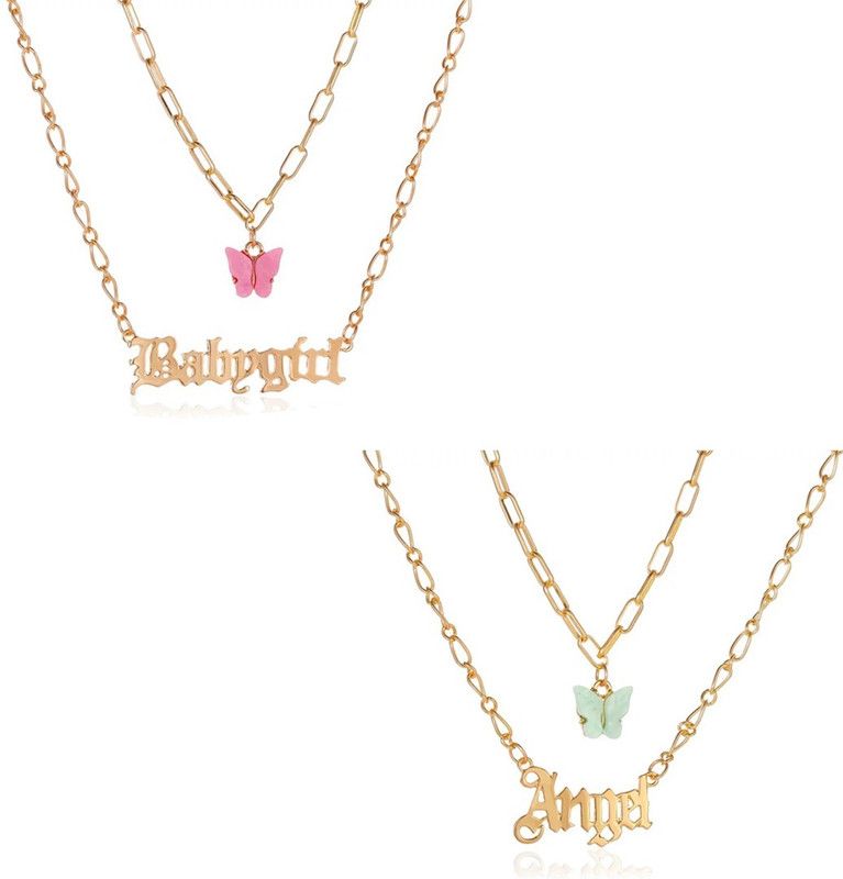 Pack of 2 Babygirl Butterfly Blue Butterfly Angel Necklace Gold-plated Plated Alloy Layered