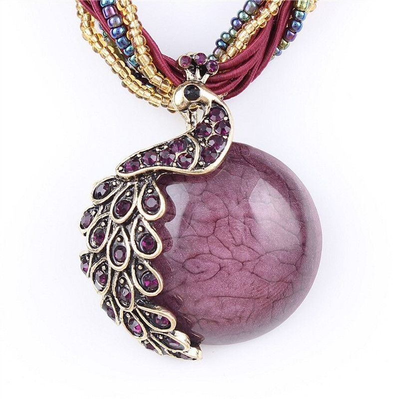Bohemia Necklace Crack Peacock Pendant Multilayer Colorful Natural Stone Beads Chain Vintage Necklace Jewelry Fashion For Women Alloy Necklace
