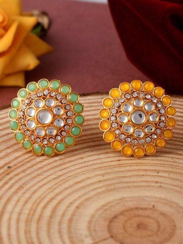 Set of 2 Gold Plated Kundan Adjustable Traditional Finger Ring Brass Gold Plated Ring