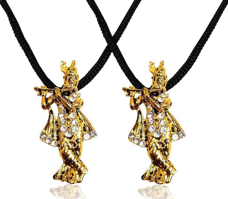 Set Of 2 Small Size Nug Stone God Lord Shri Krishna Locket Pendant With Dori Stainless Steel Pendant