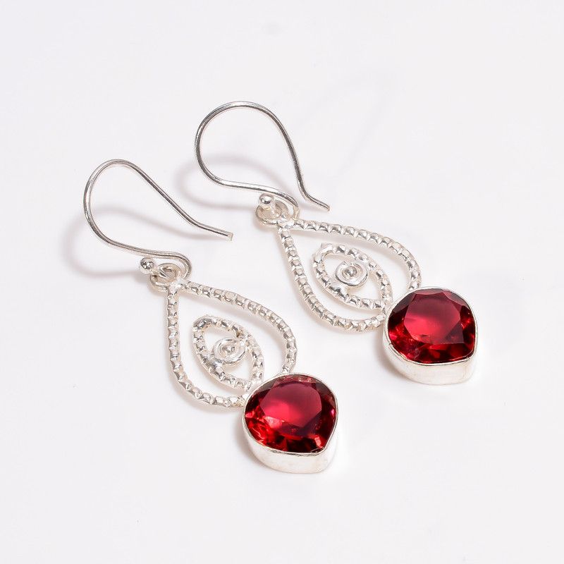 Rhodolite Garnet Heart Ethnic Handmade 925 Sterling Silver Earrings 2" SE-132 Garnet Sterling Silver Drops & Danglers