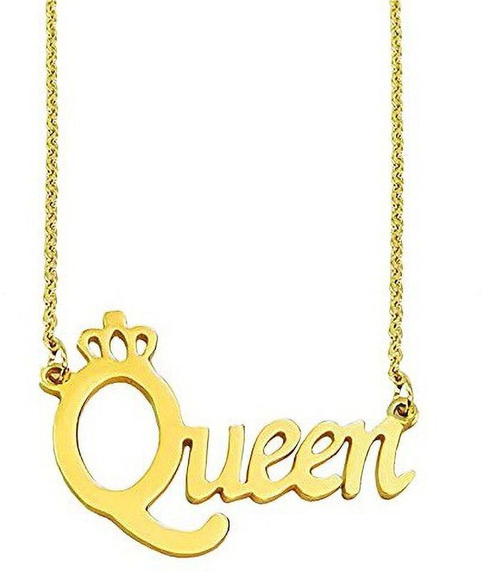 Golden Color Stylish Trending Valentine's Day Special Metal Stainless Steel Queen Name Letter Locket Pendant Necklace with Chain for Women's and Girl's Gift Jewellery Set Gold-plated Metal