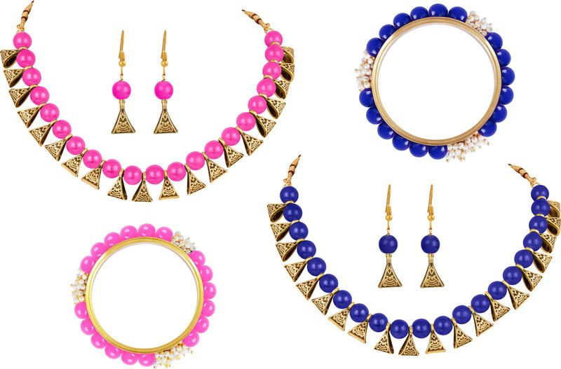 Copper Gold-plated Pink, Blue Jewel Set  (Pack of 1)