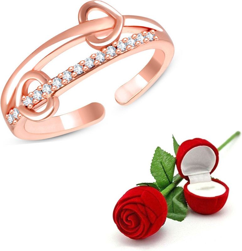 Heart Shaped Daimond studded Ring with Rose for Women and Girls Brass, Alloy Cubic Zirconia Copper Plated Ring